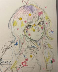 a drawing of a woman's face and hands with colored confetti all over her body