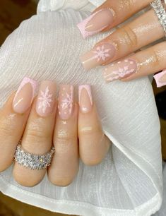 Nail Ideas Pink Christmas, Pink French Tip Nails Christmas, Pink French Tips With Snowflakes, White Pink Christmas Nails, Winter Wonderland Nails Acrylic Pink, Pink Winter Nails Simple, Pink Nutcracker Christmas Nails, Red And Pink Nails Christmas, Classy Short Christmas Nails