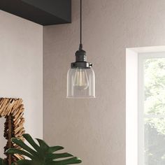 a glass light hanging from a ceiling in a room with a potted plant next to it