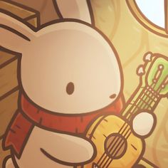 a cartoon rabbit holding a guitar and wearing a scarf