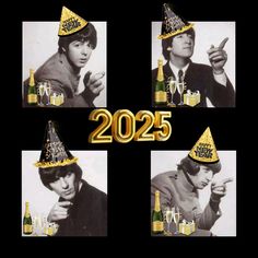 a collage of photos with the year 205 in gold and black, including two men wearing party hats