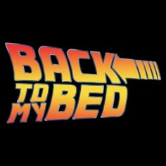 the back to my bed logo in red and yellow on a black background with an orange stripe