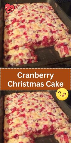 cranberry christmas cake is shown in three pans with the same topping on top