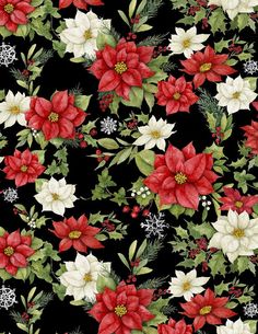 a black background with red and white poinsettis, holly and snowflakes