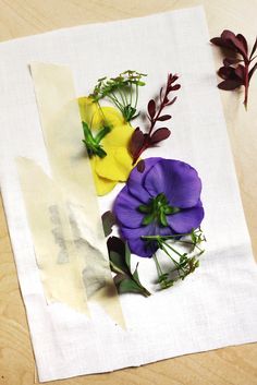 three flowers are sitting on top of a piece of white paper and some brown leaves