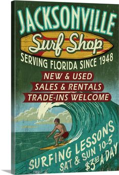 an advertisement for a surf shop featuring a man on a surfboard in the ocean