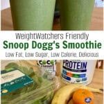 two green smoothies with bananas, oranges and yogurt