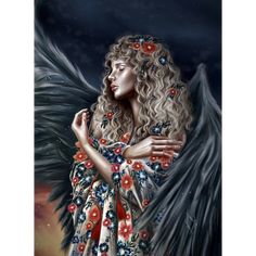 a painting of an angel with long curly hair and red, white and blue flowers