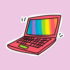 a pink laptop with a rainbow screen on it's keyboard sticker is shown