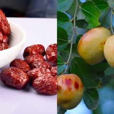 some fruit is sitting in a bowl on the table and next to it is an image of plums