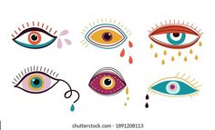 different colored eyes with drops of water on the irises and tears around them