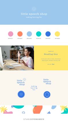 the website design for little speech shop is shown in blue, yellow and pink colors