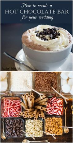 hot chocolate bar for your wedding with candy, pretzels and marshmallows