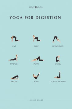 the yoga for digest poster is shown in various poses and positions, including one woman's legs