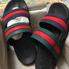 Gucci Slides New In Box Red Gucci Slides With Round Toe, Blue Gucci Slides, Gucci Designer Slip-on Slides, Gucci Leather Slip-on Slides, Gucci Slip-on Sandals With Cushioned Footbed, Gucci Slides, Gucci Shoes, Flip Flop Sandals, Slides