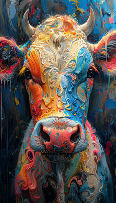 a painting of a cow with colorful paint on it's face