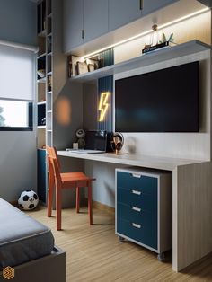 a bedroom with a soccer ball on the floor and a desk in front of it