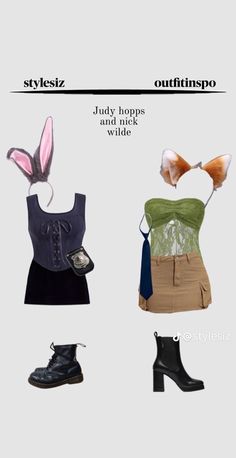 four different types of clothes and shoes with the caption style sizzlez july hops and nick wilde