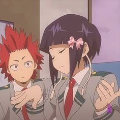 two anime characters with red hair are looking at something in front of the camera and one is holding his hand out