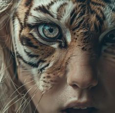 a close up of a woman with a tiger face