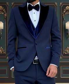 4 Piece Mens Slim Fit Navy Blue Tuxedo Velvet Peak Lapel | Weddings and special Occasions Tuxedo Superior Quality Package includes  Jacket, Vest, Pants, bowtie, tuxedo shirt, brooch flower.  Shipped in large box to preserve the shape  Top quality guaranteed Blue Velvet Suit Men Wedding, Midnight Blue Chambelanes Outfits, Navy Blue Tuxedo Wedding Groom Style, Bespoke Blue Tuxedo, Royal Blue Suit For Wedding, Classic Royal Blue Wedding Suits, Tailored Blue Tuxedo For Wedding, Tailored Royal Suits For Wedding, Classic Blue Wedding Suit