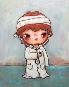 a painting of a little boy wearing a white coat and holding a stethoscope