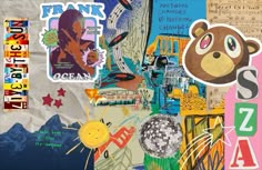 a collage of various stickers and pictures on paper with letters, numbers, and animals