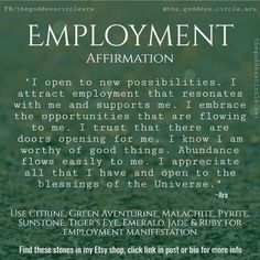 an advertisement with the words employment affirmation written in white and green on it