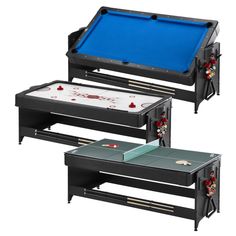 two tables with pool and air hockeys on them, one in black and the other in blue