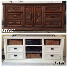 before and after photos of an old dresser makeover with white paint, brown drawers and wicker baskets