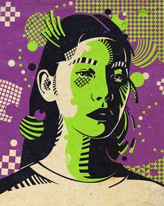 a woman's face painted in green and purple with circles around her head, surrounded by squares