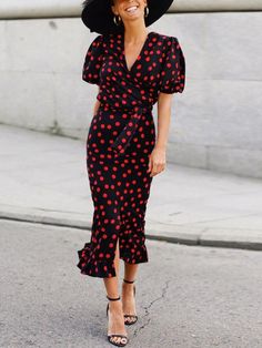 Polka Dots Puff Sleeve Self-Belted Slit Wrap Dress Fashion Pattern, Fashion Online Shop, Mid Calf, Amazing Women, Puff Sleeve, Sleeve Styles, Work Wear