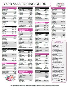 the yard sale pricing guide is shown in pink and black, with flowers on it