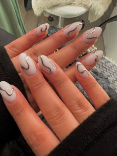 Almond Milky White Nails Design, Milky White Nails With Colorful Designs, Neutral Gel Nails With Design, White Gel X Nails With Design, Cute Milky White Nails With Design, Nail Inspo Milky White Design, White Nail With Black Design, White Nails With Silver Lines, Milky White Nails With Glitter Almond