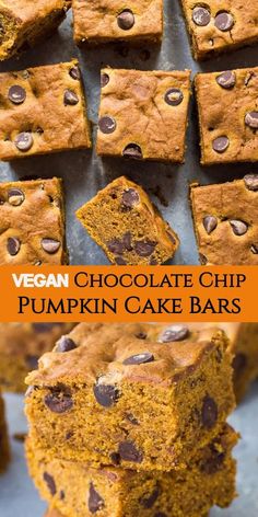 vegan chocolate chip pumpkin cake bars stacked on top of each other