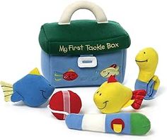 the first tackle box is filled with toys like fish, rattlers and an alligator