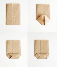 four different views of an origami folded in brown paper with one corner missing