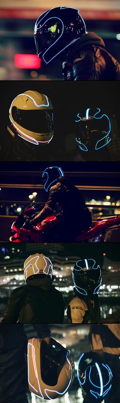 three different images of helmets with lights on them