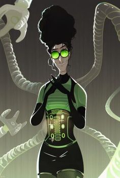 a woman with green eyes and an alien costume on, standing in front of some snakes