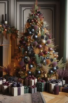 a decorated christmas tree with presents under it