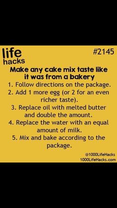 the instructions for making cake mix are shown in black and white text on a yellow background