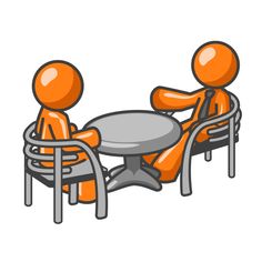 an orange cartoon character sitting at a table with another person in front of him on the other side