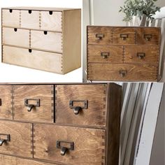 three different types of drawers with handles and knobs on each drawer, one is made out of wood