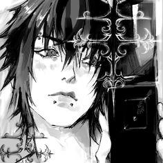 a black and white drawing of a person with long hair holding a cell phone to their ear