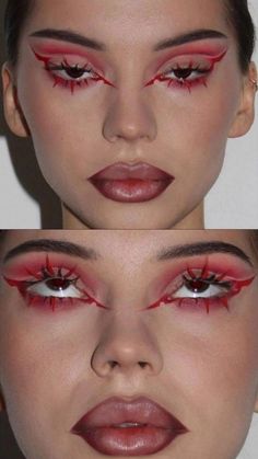 Make Up Halloween Aesthetic, Red Liner Makeup, Halloween Makeup Aesthetic, Cybercore Makeup, Graphic Eye Makeup, Drag Make-up, Avant Garde Makeup, Graphic Makeup, Rave Makeup