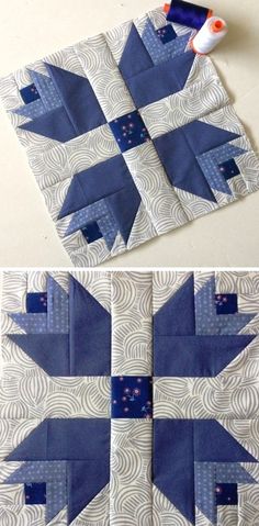 two pictures showing how to make an origami quilt with blue and white fabric