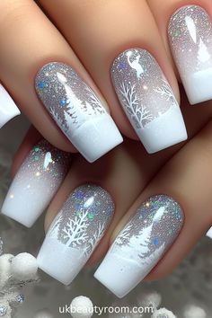 45 Glamorous White Nail Designs for Instant Elegance in 2024! Best Christmas Nail Designs, Elegant Snowflake Nails, Christmas Nail 2024, Christmas Finger Nail Designs, Elegant Christmas Nails Classy Sparkle, Glamorous Christmas Nails, White Snowy Nails, Christmas Nails Silver, Holiday Nails Designs