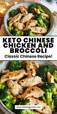 chicken and broccoli in a white bowl with sesame seeds on the side text reads keto chinese broccoli classic chinese recipe