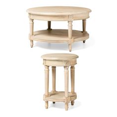 two round tables with one shelf on each side, and the other end table below