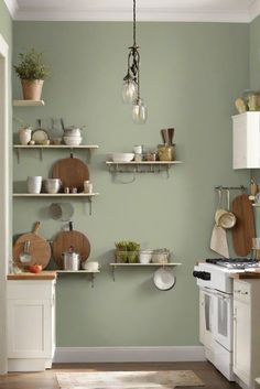 kitchen paint colors, interior design, home decor, wall paint ideas Green Wall Kitchen Ideas, Green Walls Kitchen, Pewter Green Sw, Kitchen Wall Paint, Olive Green Kitchen, Garden Sage, Sage Kitchen